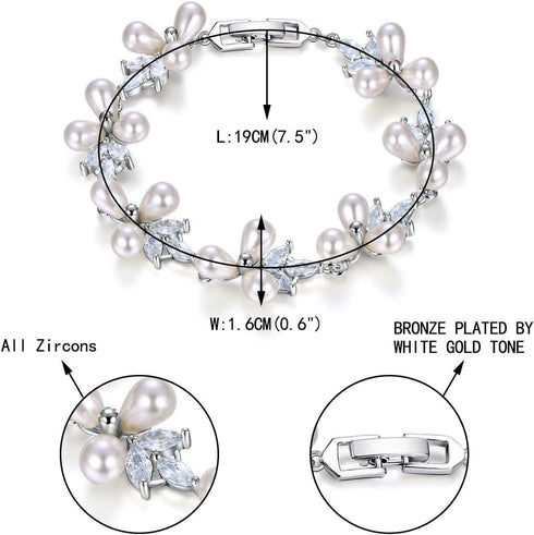 EVER FAITH Women's CZ Simulated Pearl Bridal Wedding Flower Leaf Filigree Stunning Tennis Bracelet...