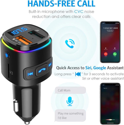 Upgraded Criacr V5.0 Bluetooth FM Transmitter for Car, QC3.0 Charge & 7 RGB Color LED Backlit Wireless FM Radio Car Adapter, Support Siri Google A...