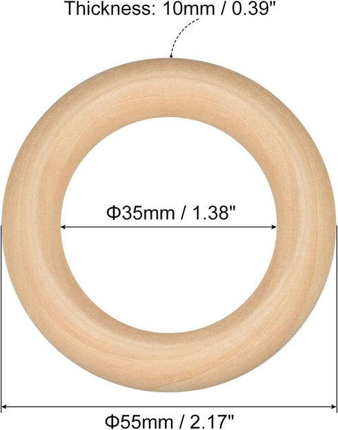 uxcell 50Pcs 55mm(2.2-inch) Natural Wood Rings, 10mm Thick Smooth Unfinished Wooden Circles for DIY Crafting, Knitting, Macrame, Pendant...