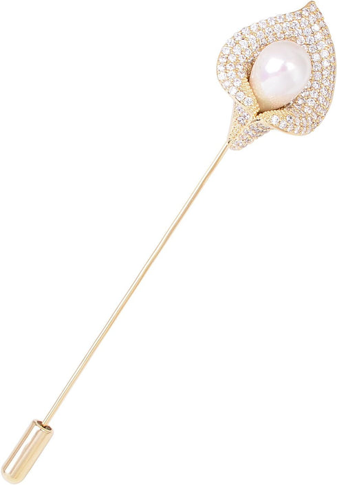 Women Crystal Rhinestone Calla Lily Floral Boutonniere Lapel Stick Pin Brooch Cardigan Scarf Tie Pin Pearl Flower Breastpin Wedding Party Jewelry...