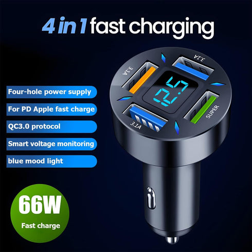 4 Ports USB Car Charger Adapter, Auto Portable PD 3.1/QC 3.0 Fast Charge Cigarette Lighter with Flush Fit Charging Plug, Compatible with iPhone 14...