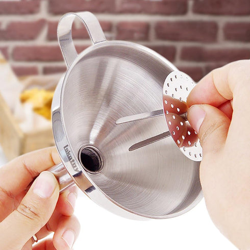 5-Inch Food Grade Stainless Steel Kitchen Funnel with Strainer Filter for Transferring of Liquid Dry Ingredients and Metal Cooking Funnel—Silver...