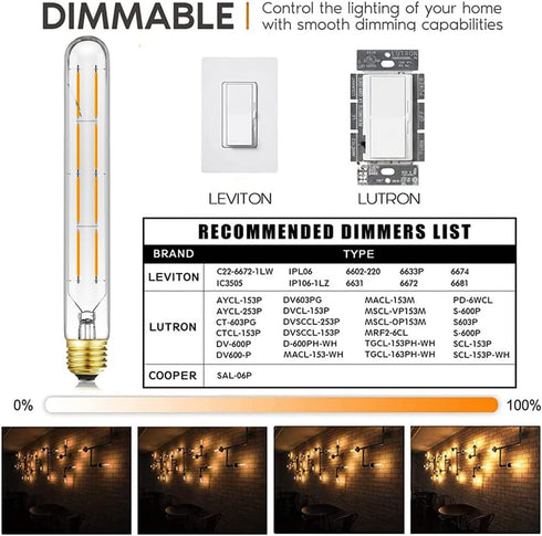 Leools T10 Led Long Bulbs 8W,E26 Dimmable Tubular Bulb,Equivalent 75 Watt, E26 Edison Style Vintage LED Filament Light Bulb,2700K Warm White,8.9in...