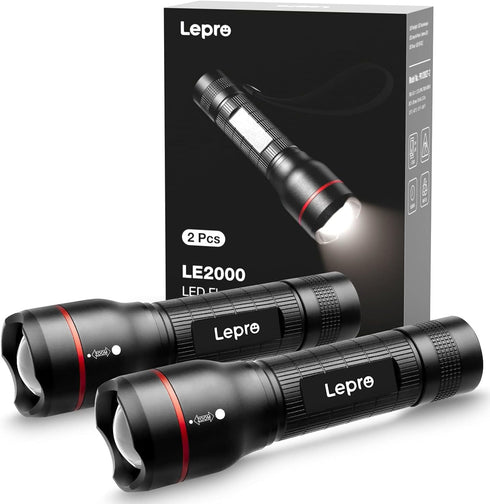 Lepro LED Flashlights LE2000 High Lumen, 5 Lighting Modes, Zoomable, Waterproof, Pocket Size Flashlight for Outdoor, Emergency, Camping Gear, Powe...