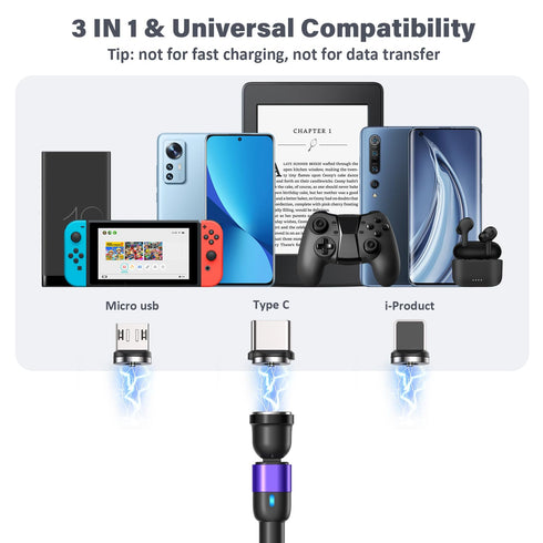 Magnetic Charging Cable 4 Pack (3.3ft/6.6ft/6.6ft/10ft), 540 Degree Rotating Magnetic Phone Charger Cable, 3 in 1 Nylon Magnetic USB Cable for Mic...