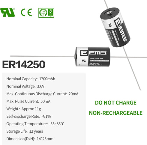 EEMB ER14250 1/2AA 3.6V Lithium Battery with AX Solder Tabs Li-SOCL? Non-Rechargeable Battery XL-050F SB-AA02 LS14250 TL-5902 TL-2150 for Slot Mac...