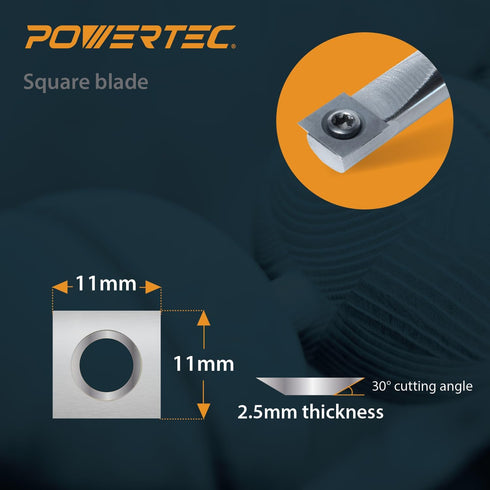 POWERTEC 6 Pcs Tungsten Carbide Cutter Insert Set for Wood Lathe Tools with 11mm Flat Square, 12mm Round & 10 x 28mm Diamond, Blade Replacement fo...