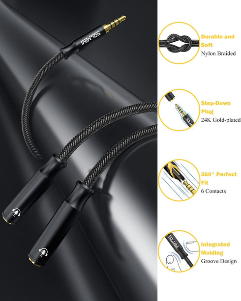 Headphone Splitter 3.5mm TRRS Stereo Audio Y Splitter Braided 4-Pole Male to 2-Female Dual Headphone Jack Splitter Adapter for Headset PC Smartpho...