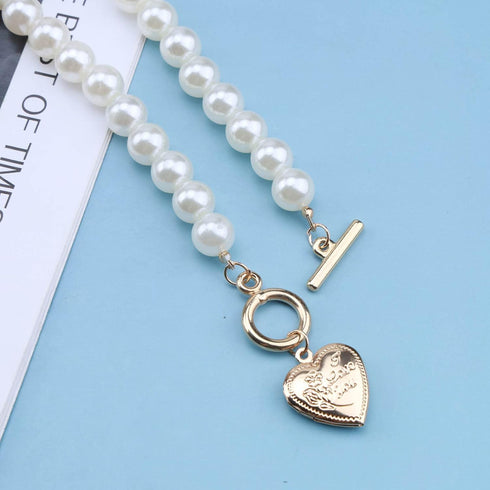 Vintage Pearl Choker Necklace Gold Circle T Bar Necklace Bohemia Heart Necklace Love Heart Pendant Necklace Chain Jewelry for Women and Girls (Hea...