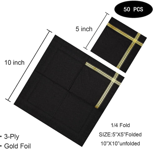 50 Black Gold 3-ply Cocktail Napkins - 5 x 5 Inches, Gold Foil Trim Stripe Bar Napkins for Wedding, Birthday, Graduation, New Year 2024 Decoration...
