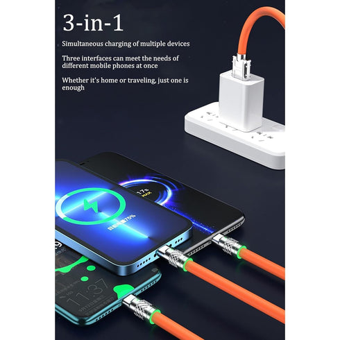 Orange 3 in 1 Multi USB Cable 100W Multi Charger Cable Fast Charging Cable Fast and Stable Charging to Various Mobile Phones with Type-C/Android/C...