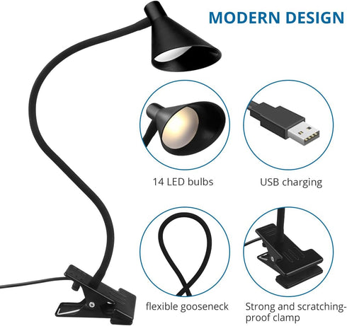 Semlos LED Reading Light, Clamp Lamp 3 Color Modes 5 Brightness, Clip Ligh for Desk Bedside Table, 5W USB Powered, Flexible Arm(Black)...