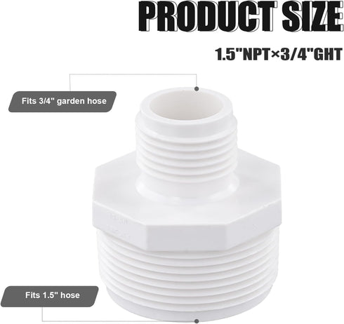 2pcs PVC Garden Hose Adapters, 1.5" NPT Male to 3/4" GHT PVC Male Adapter Sump Pump Hose Adapter PVC Pipe Connection for Swimming Pools Sump Pump ...