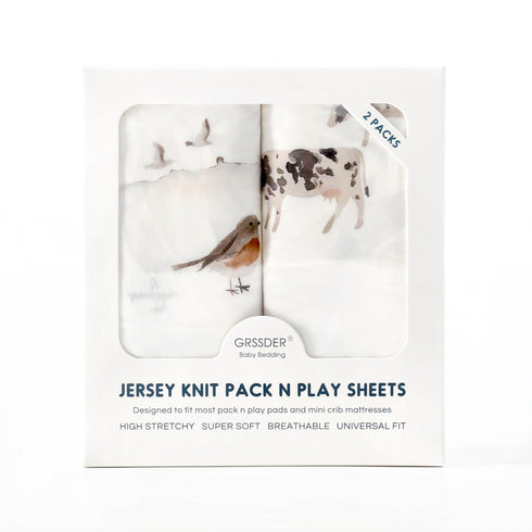Pack n Play Sheets FItted 2 Pack, Stretchy Ultra Soft Jersey Knit Pack and Play Sheets, Universal Fitted Portable/Mini Crib Mattresses Snug and Sa...
