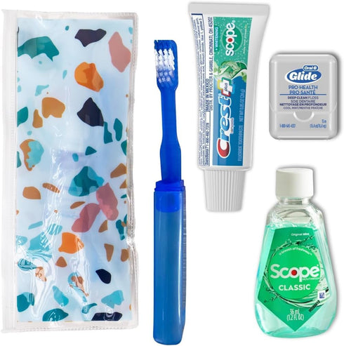 Dental Travel Kit with Travel Toothbrush, Travel Sized Toothpaste, Mouthwash and Floss in a Reusable Zipper Pouch, Ideal for Traveling (TSA Approv...