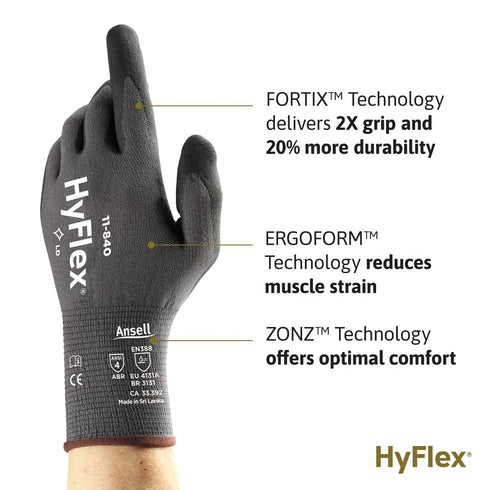 Ansell HyFlex 11-840 Ergonomic Abrasion-Resistant Nylon Spandex Nitrile Coated Industrial Gloves for Automotive, Fabrication - Large (9) Grey (1 P...