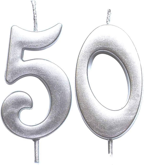 MAGJUCHE Silver 50th Birthday Numeral Candle, Number 50 Cake Topper Candles Party Decoration for Women or Men...