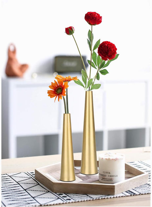 Vixdonos 10.5/8.5 inch Gold Metal Vase Small Dried Flower Vase Set of 2 Taper Vase for Wedding Table Centerpiece Decorations, Home Decor (Gold)...