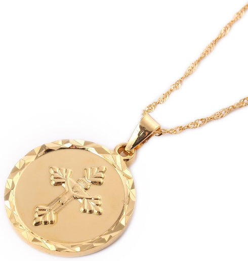 24K Gold Plated Catholic Round Medal Jesus Christ Crucifix Pendant Necklace Jewelry...
