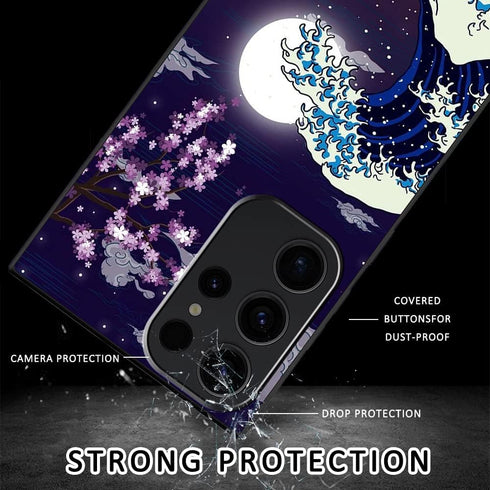 Compatible with Samsung Galaxy S23 Ultra Case Japanese Wave Cherry Blossom Moon Pattern Phone Case for Boys Girls Aldults, Shockproof Anti-Scratch...