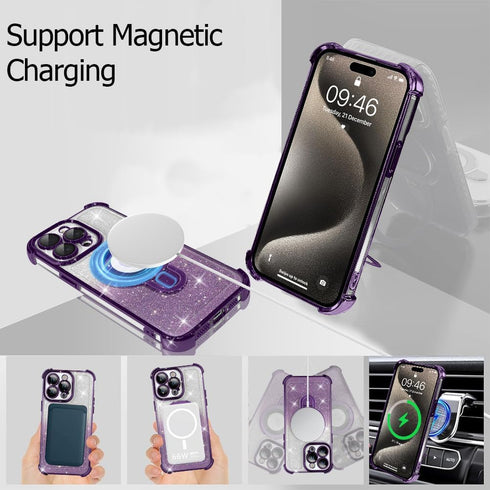 Fiyart Designed for iPhone 15 Pro Max Magnetic Case Glitter Bling Ring Holder Kickstand Function Bumper Compatible with MagSafe Camera Lens Protec...