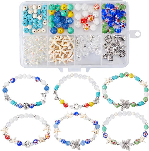 SUNNYCLUE 1 Box DIY 6 Sets Summer Beading Bracelet Making Kit Lampwork Beads Bulk Lucky Turquoise Beads Starfish Sea Animal Bead Hawaii Ocean Bead...