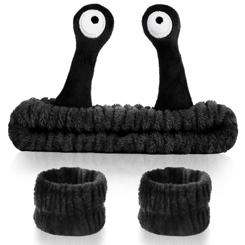 3pcs Snail Face Wash Headband and Wristband Set Black Funny Makeup Headband Puffy Skincare Spa Head Bands Cute Wrist Towels Hair Band for Washing ...