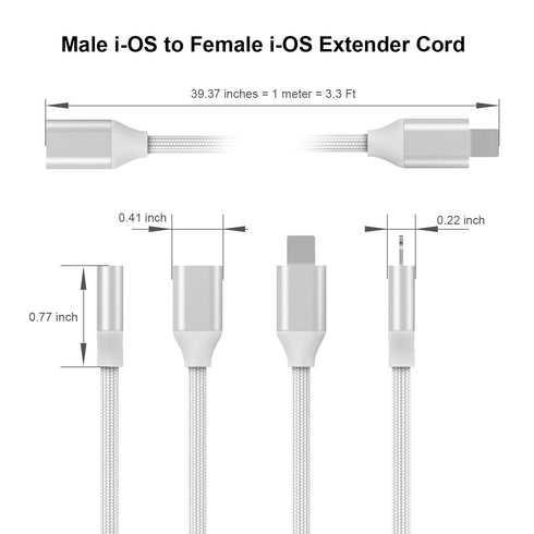 Braided i-Phone Extension Cable Pass Video Audio Music Photo Data, Charge. 1PCS 3.3Feet Male to Female i-Phone Extender Cord Made of Sliver Alumin...