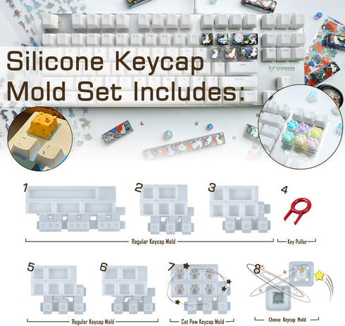 Keycaps Epoxy Resin Casting Molds Set for Mechanical Gaming Keyboard Polymer Clay Crafts 7 Silicone Trays with Key Puller...