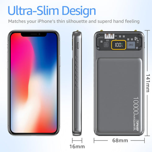 10000mAh Power Bank,Slim Portable Charger,PD 22.5W Fast Charging 5V/3A USB-C Output,Battery Pack with Emergency Lighting,Compatible iPhone and And...