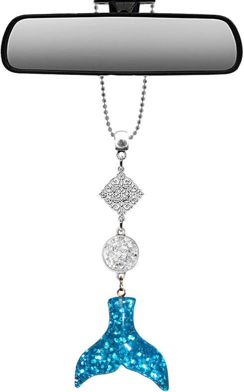 Handmade Bling Assorted Mirror Car Charm Hanger Dream Catcher Ornament with Adjustable Chain (Glitter Mermaid) (Silver and Blue Glitter)...