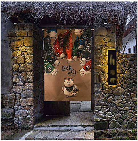MYRU Lucky Cat Noren Japanese Curtain - Koi Fish Entrance Feng Shui Door Curtain (Cat and Fish, 33 by 59 Inch)...