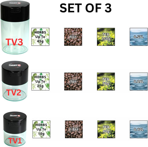 Tightvac Set of 3 - Patented Airtight Container | Multi-use Vacuum Container Works as Smell Proof Containers for Herbs and Dry Goods. Black Caps a...