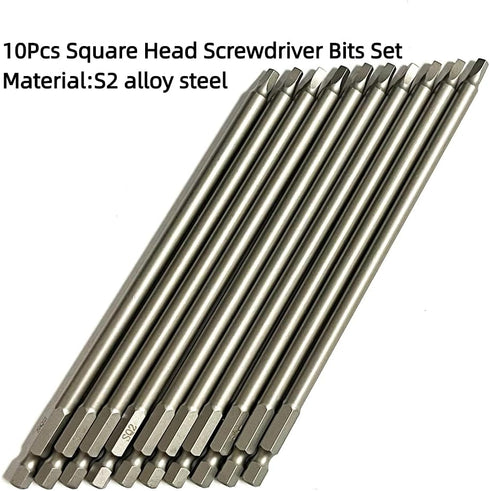 10 Pieces Square Head #2 Magnetic Screwdriver Bits Set SQ2 Power Tools 1/4 Inch Hex Shank 5.9 Inch Length Made Of S2 Steel...