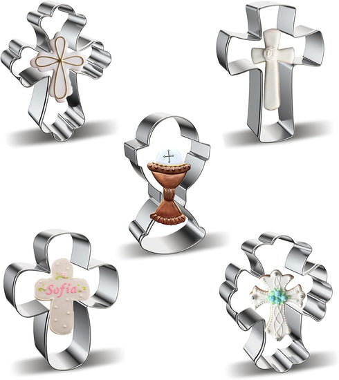 Cross Cookie Cutter Shapes Set, Azflyife 5 Piece Stainless Steel Metal Biscuit Mold Cookie Cutters with Chalice Holy Cup Crucifix Crucifixion for ...