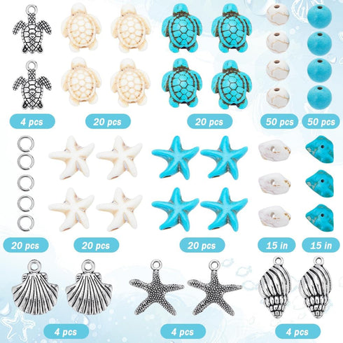 SUNNYCLUE 1 Box 217Pcs Turtle Beads Starfish Beads Boho Sea Turtle Bead Starfish Bead Bulk Shell Charm Summer Hawaii Ocean Turtle Charms Turquoise...