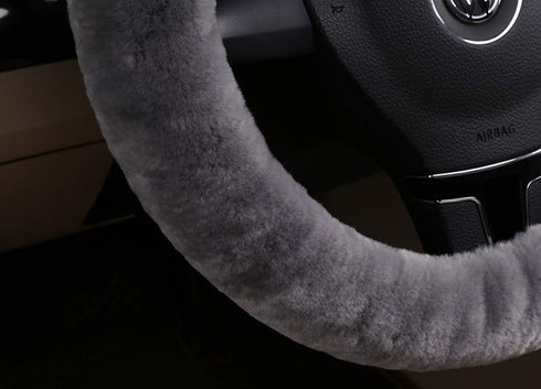 Fluffy Wool Car Steering Wheel Cover Genuine Sheepskin Steering Wheels Interior Accessories for Women Anti-Slip Universal for 15 inch (Gray)...