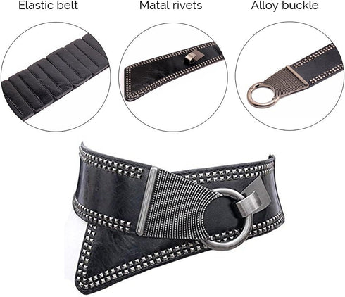 Women's Fashion Vintage Wide Waist Belt Elastic Stretch Cinch Belts With Interlock Buckle, Black, One Size...