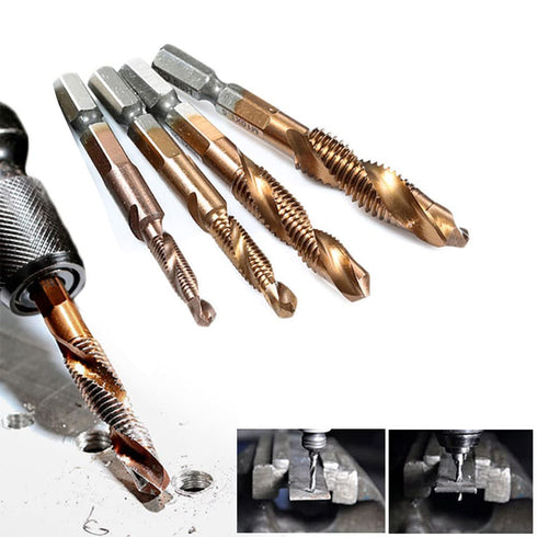 4Pcs Drill Tap Bits Set Combination Drill Thread Metric Tap Drill Bit Set M4 M6 M8 M10 Metric Thread HSS Drill and Tap Bits 1/4 Hex Shank Thread S...