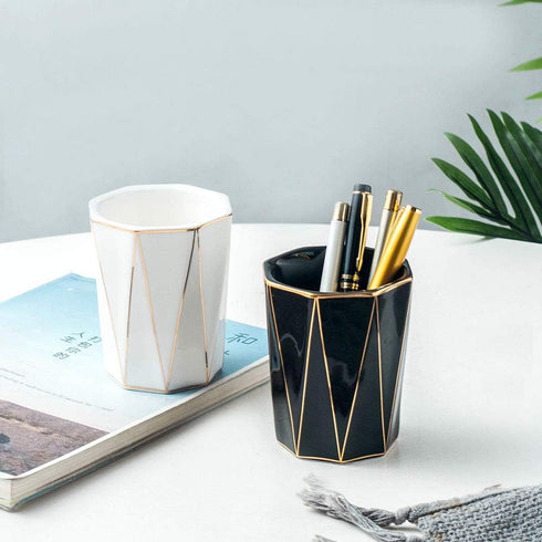 Ceramic Cone-Shape Pen Holder With Gold Line Stand Pencil Cup Pot Desk Organizer Makeup Brush Holder (Black)...