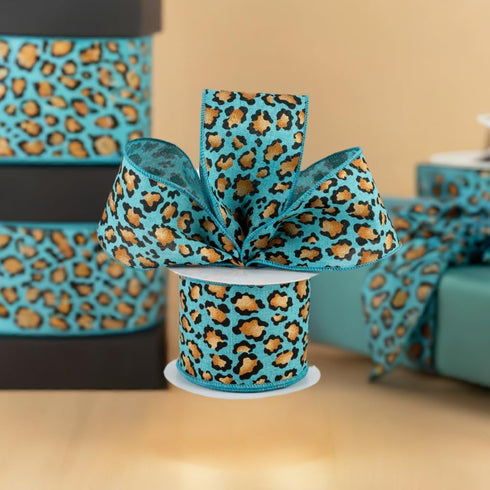 Craig Bachman 2.5" Metallic Leopard Print Ribbon: 10 Yards (Light Teal) Craft Floral Arrangement Gift Wrapping Wired Edge Ribbon...