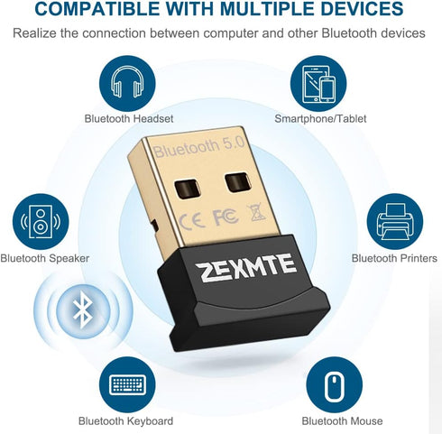 ZEXMTE USB Bluetooth Adapter for PC, 5.0 Bluetooth Dongle Receiver,Bluetooth Adapter for PC Windows 11/10/8/7 for Desktop, Laptop, Mouse, Keyboard...