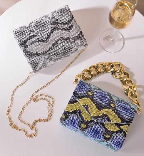 Women Chic Evening Clutch Bag Snakeskin Pattern Shoulder Box Handbag With Chain Strap Crossbody Purse For Women Girls Ladies...