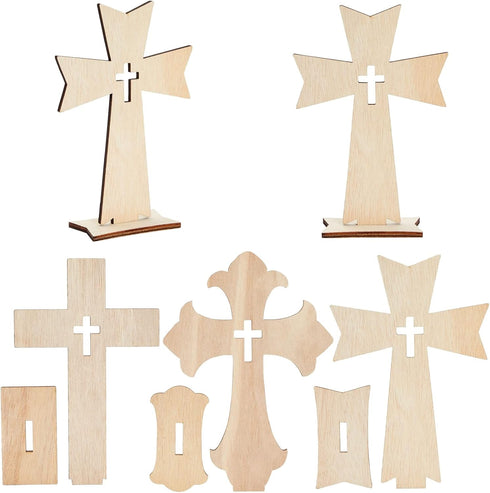 Bright Creations Wooden Crosses for Crafts - 12-Pack, 3 Sizes & Light Brown Unfinished Wood - DIY Blank Crosses with Stands - for Baptism Favors &...