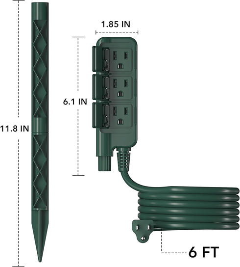 HBN Outdoor Power Stake Waterproof with 6FT Long Extension Cord, 3 Grounded Outlets Yard Power Strip with Protective Covers, Electrical Power Stak...