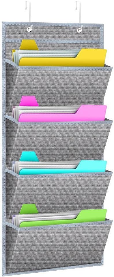 wishacc Hanging Wall File Organizer, Wall Mount/Over the Door Office Supplies Storage Mail Organizer for Notebooks,Planners,File Folders - 4 Pocke...