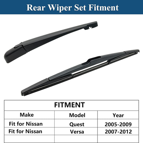 Rear Windshield Wipers Blade Arm Set for Nissan Quest 2005-2009, for Nissan Versa 2007-2012 Back Glass Wiper Arm Blade Replacements All Seasons Fi...