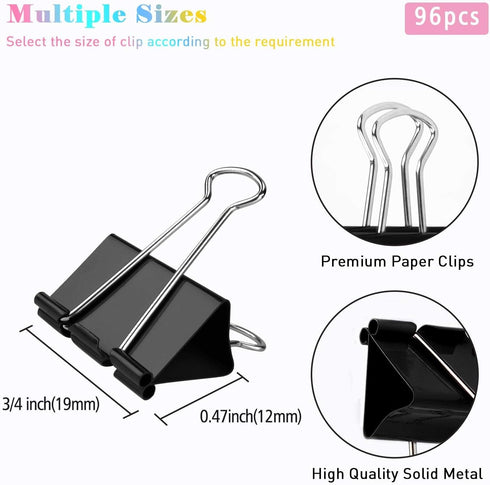 Small Binder Clips, 96 Pack, 3/4 Inch, 0.75 Inch, Standard 19mm, Black, Small Binder Paper Clips, Fold Clamp, Binder Clips Small Size, Small Paper...