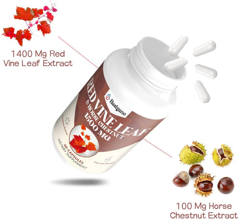 Red Vine Leaf & Horse Chestnut Extract Capsule Supplements (Vitis Vinifera) 1500mg -Premium Extract for Healthy Veins, Circulation, Heart, Skin...