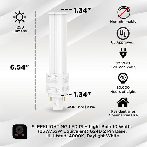 SLEEKLIGHTING | 10W LED PL Omni Bulb - Replaces 2 & 4 Pin, 26W Eq, 4000K Daylight, UL-Listed, 1000 Lumens, G24D/G24Q/GX24Q Base, 2-Pack, Ballast B...